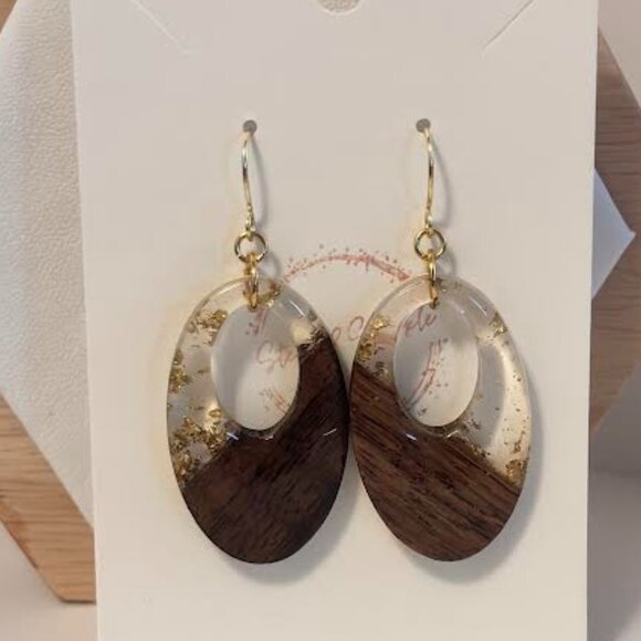 Oval Wooden Resin Earrings - Picture 2 of 2